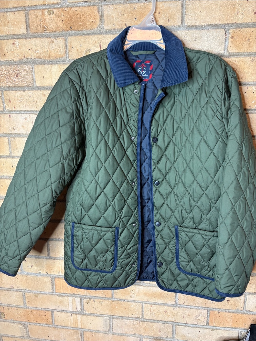 Brooks Brothers Quilted Olive Green Jacket with Navy Trim and Corduroy Collar